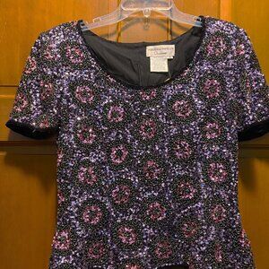 Adrianna Papell Occasions Top Pink floral Beaded Evening Short Sleeve Party Sz10